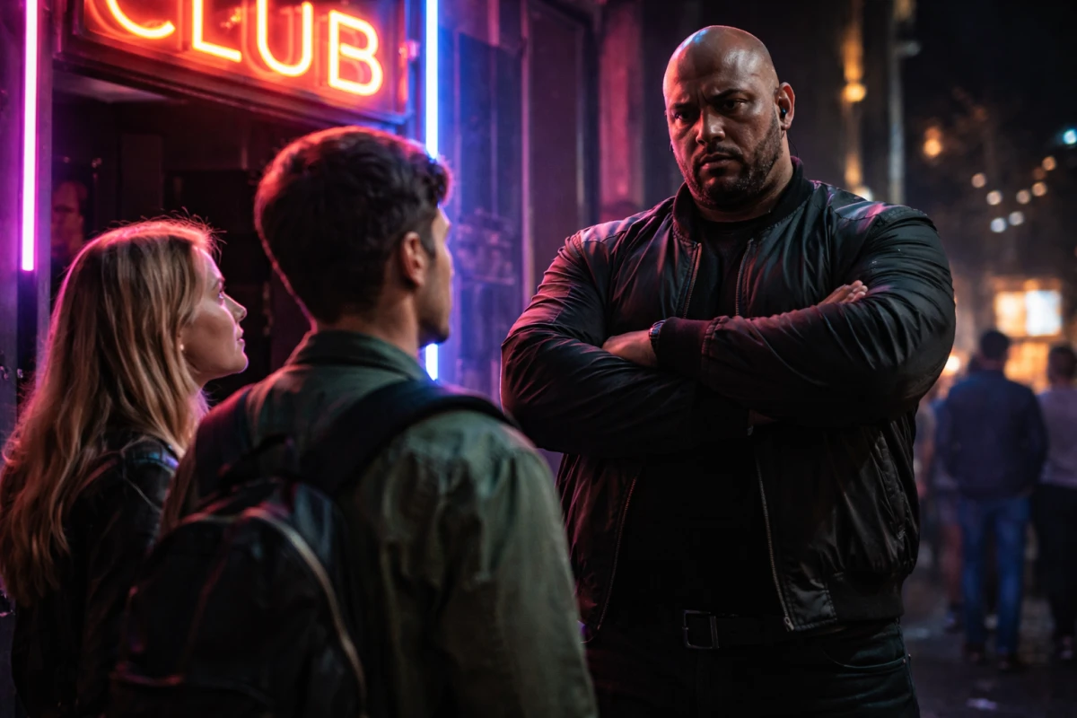 Nachtelijke face-control scène buiten een nachtclub in Amsterdam